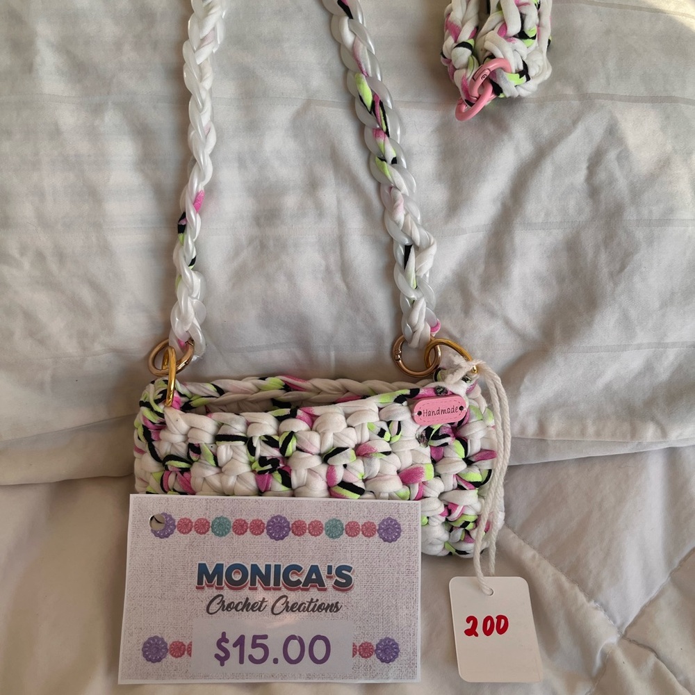 White and Pink Floral Crossbody Bag with Woven Strap